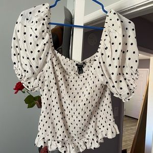Smocked Bell Sleeve Black and White Polka Dot Tee